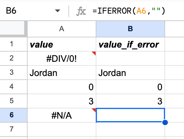 Formula is =IFERROR(A6,"")