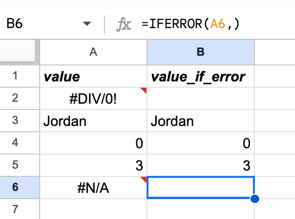 Formula is =IFERROR(A6,)