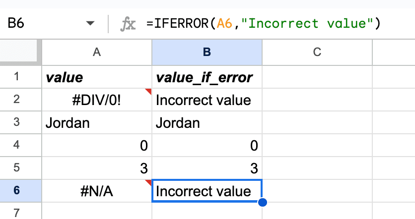 Formula is =IFERROR(A6,"Incorrect value")