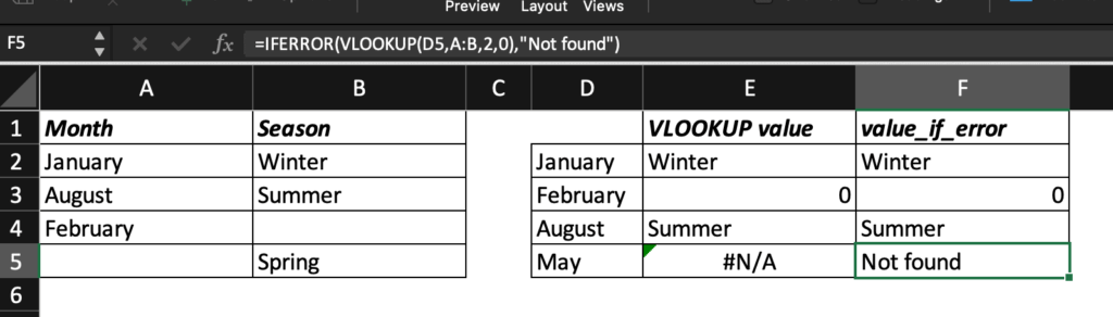 Formula is =IFERROR(VLOOKUP(D5,A:B,2,0),"Not found")