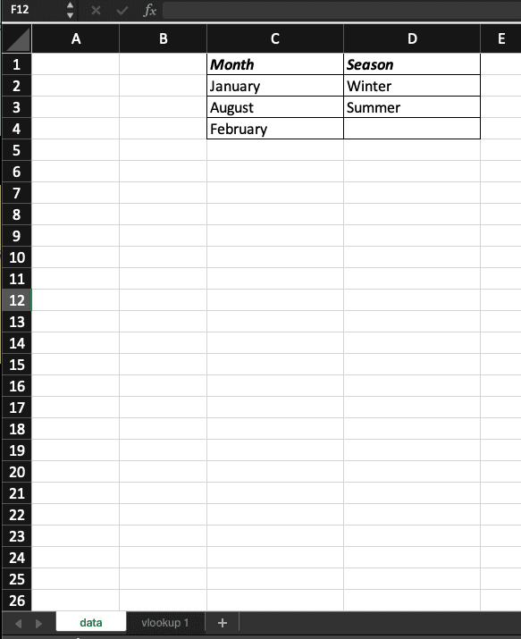 Excel data with months and seasons.