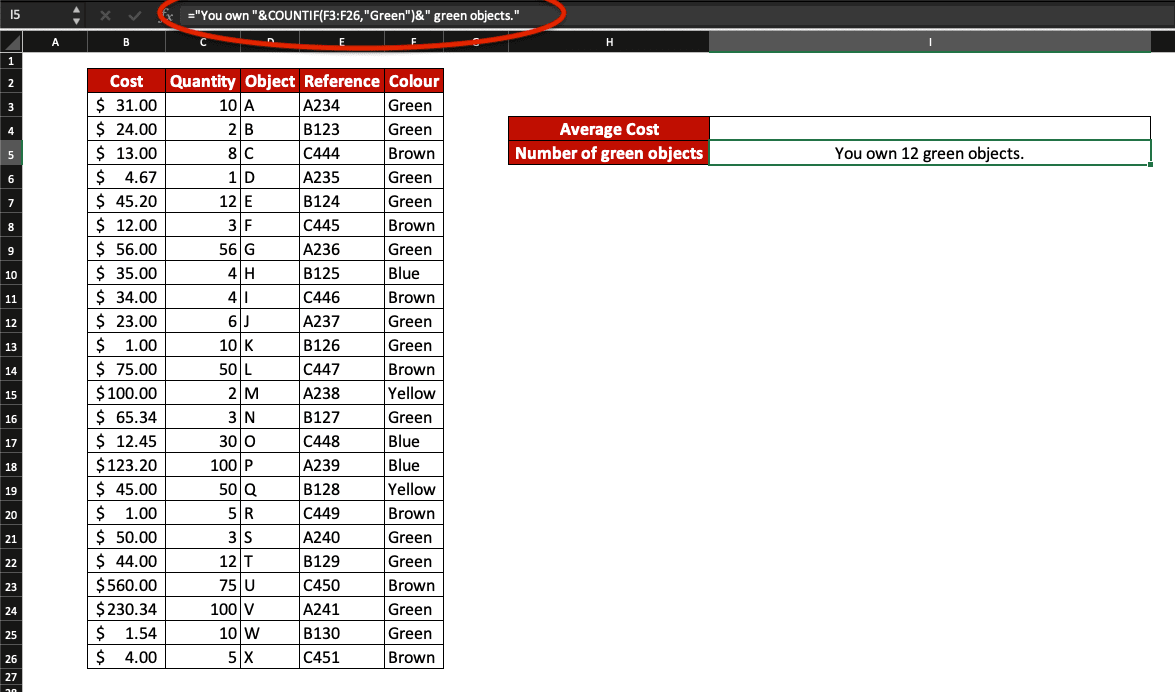 Example of dynamic value used with text in Excel. The COUNTIF function is involved.