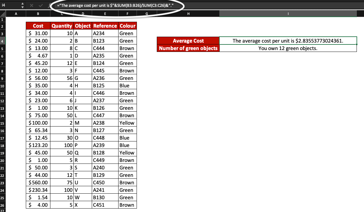 Example of dynamic value used in text in Excel. The SUM function appears in the example.