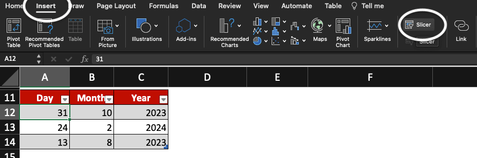 Insert and Slicer buttons highlighted in Microsoft Excel.