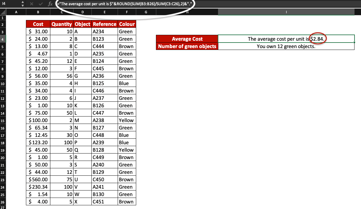 Example of dynamic values in text used with SUM and ROUND functions.