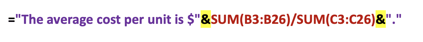 ="The average cost per unit is $"&SUM(B3:B26)/SUM(C3:C26)&"."