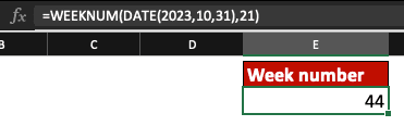 WEEKNUM and DATE functions used in Excel worksheet. ISO week number 44 is appearing.