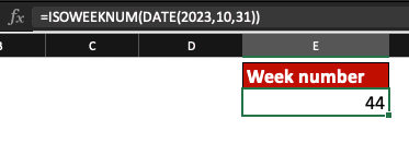 ISOWEEKNUM in Excel with the DATE function, example.