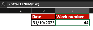 ISOWEEKNUM function used in Excel to find the ISO week number associated with 31/10/2023.