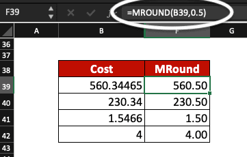 MROUND function used in Excel to round a number.