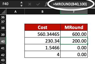 Excel worksheet with the MROUND function used to round a number to the nearest multiple of 100.