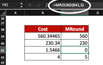 Excel spreadsheet with a MROUND function.