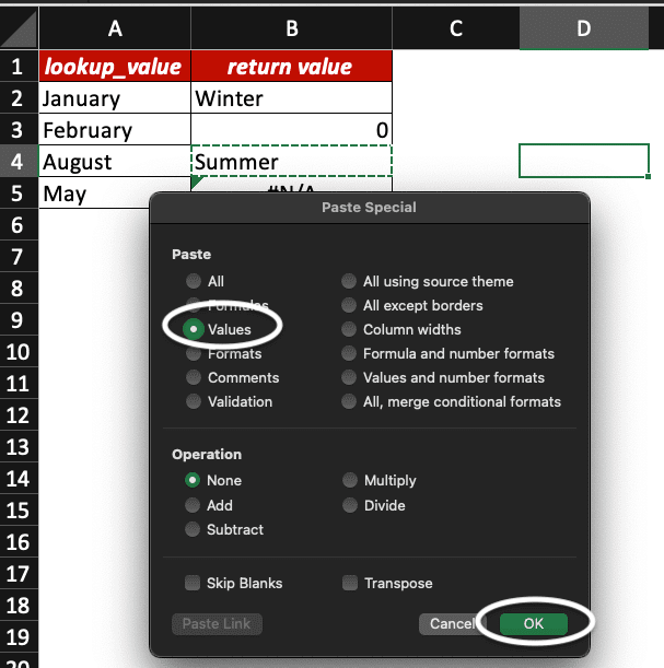 Excel Paste Special window with Values and OK selected.