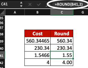 Example of the ROUND function used in Microsoft Excel.