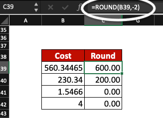 ROUND function used in Excel.