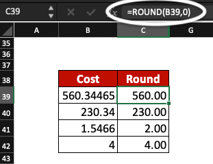 Example of rounding off a number in Excel using the ROUND function.