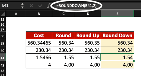 ROUNDDOWN formula used in Excel to round down a number.
