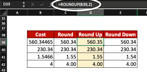 Example of a ROUNDUP formula used in Excel.