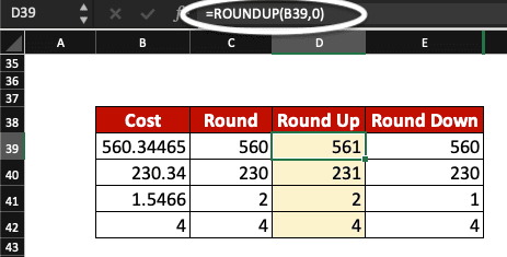 Rounding up a number in Excel with the ROUNDUP function.
