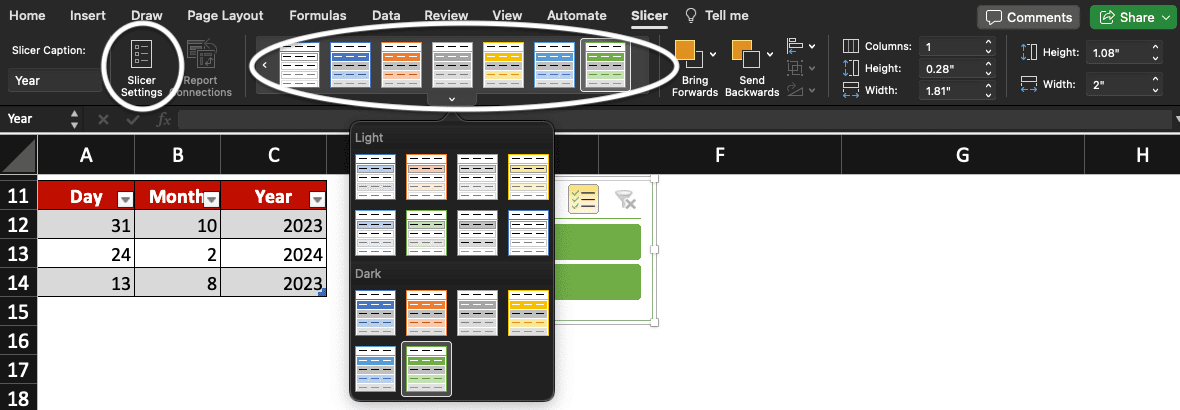 Slicer settings button and options in Excel.