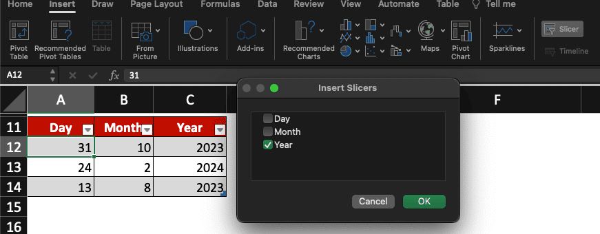 Insert Slicers window in Excel.