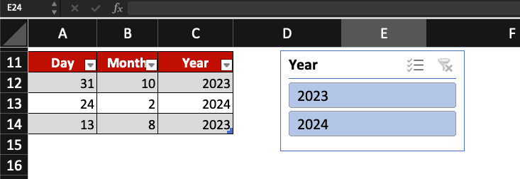 A slicer has been added to Excel.