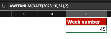 Image of Excel table with Week number appearing thanks to WEEKNUM function.