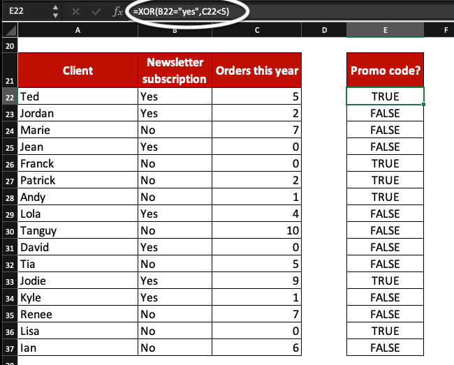 Example of a XOR formula in Excel with 2 arguments.