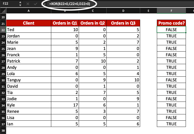 Example of XOR in Microsoft Excel with 3 arguments.