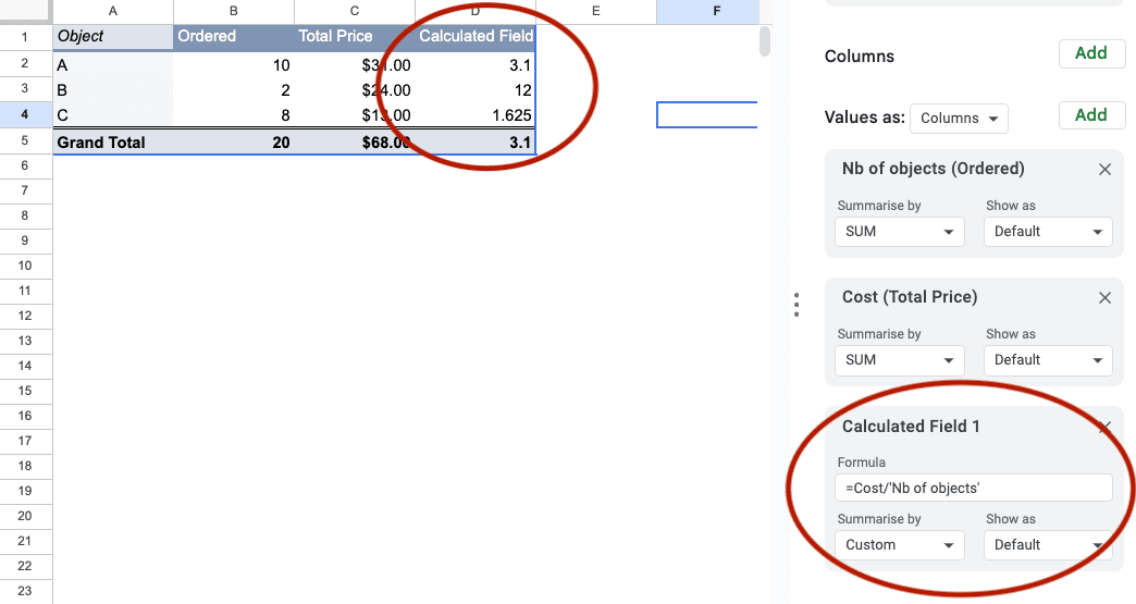 Pivot table calculated field parameters in Google Sheets.