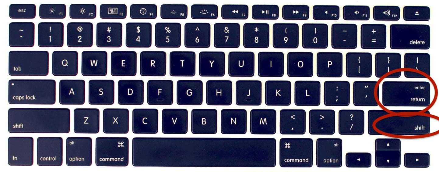 Shift and Enter keys, highlighted on a keyboard.