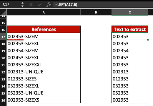 Formula used is =LEFT(A17,6) so only the first 6 characters are appearing.