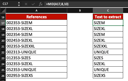 MID formula example in Excel: =MID(A17,8,10)