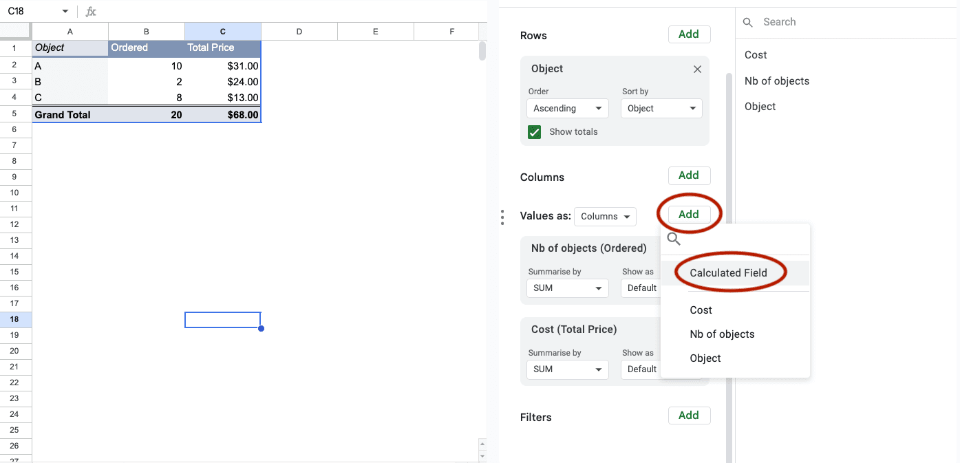 Pivot table editor in Google Sheets: add, calculated field.