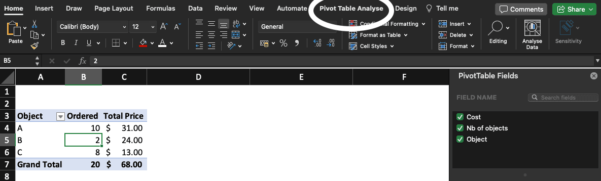 Pivot Table Analyse window in Excel.