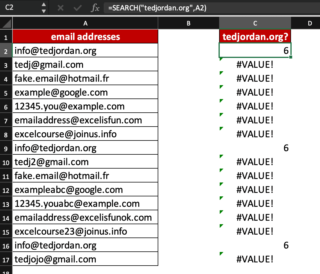 Excel spreadsheet with SEARCH formula =SEARCH("tedjordan.org",A2)