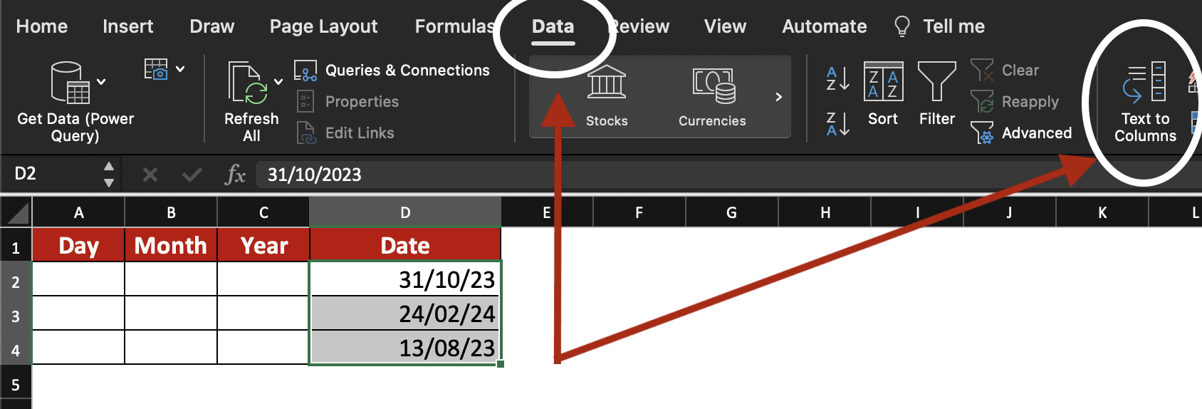 Selection of dates, click on Data then Text to Columns.
