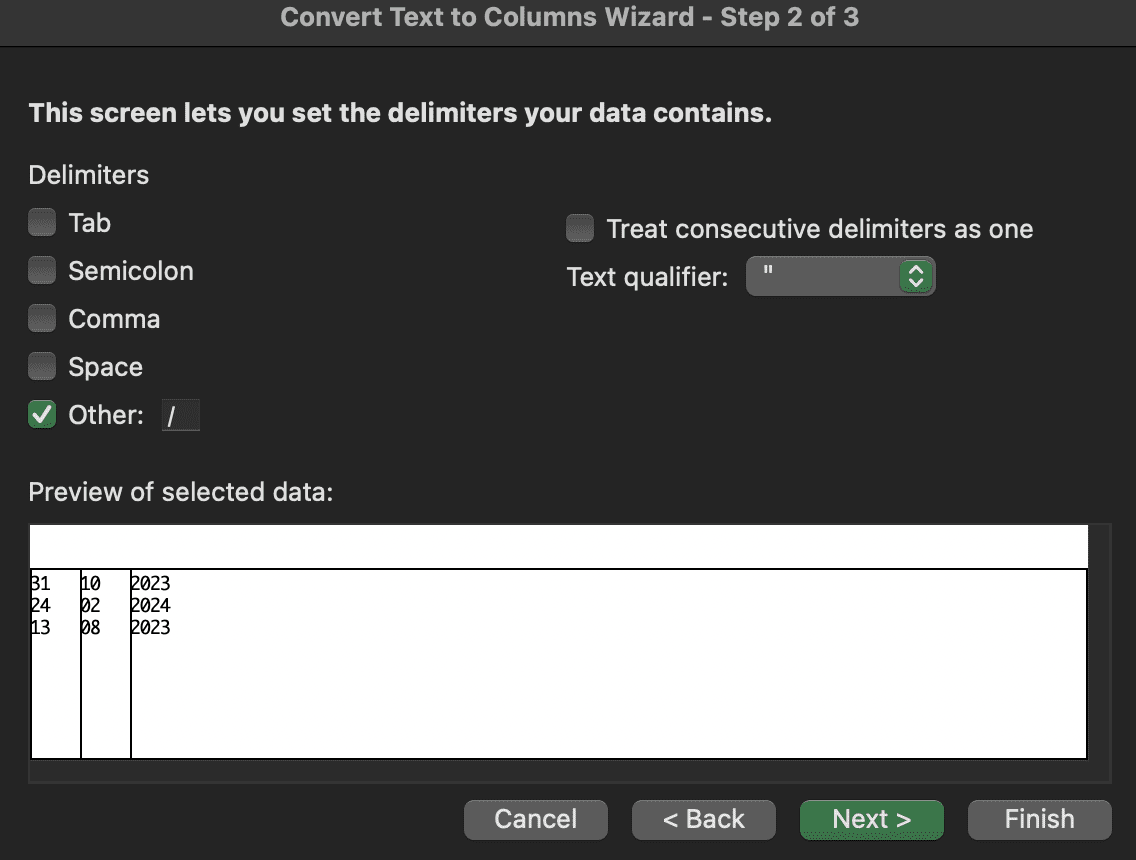 Screenshot showing the Step 2 of 3 in Excel.