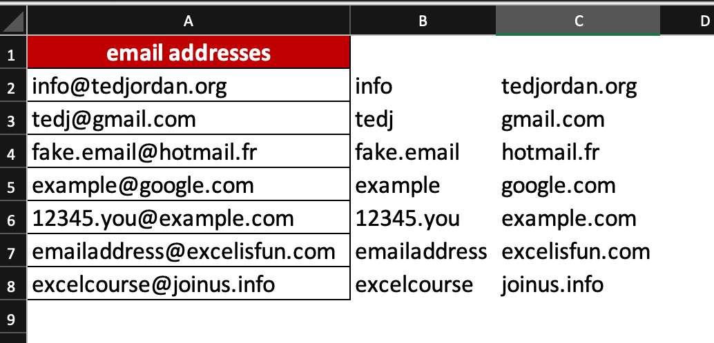 Screenshot of Excel cells with email addresses data, split into 2 columns.
