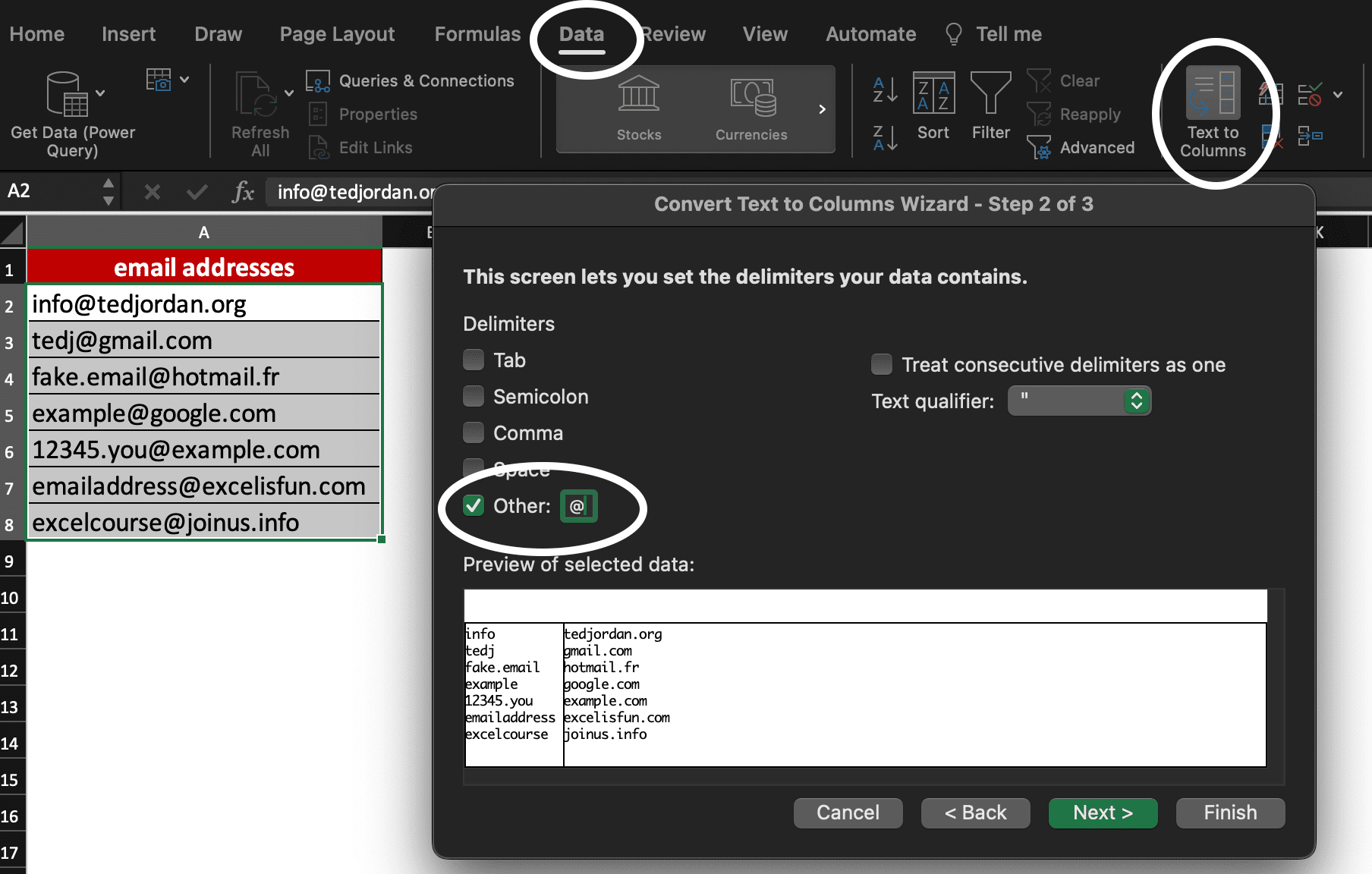 Screenshot of the first step in Excel for Text to Columns.