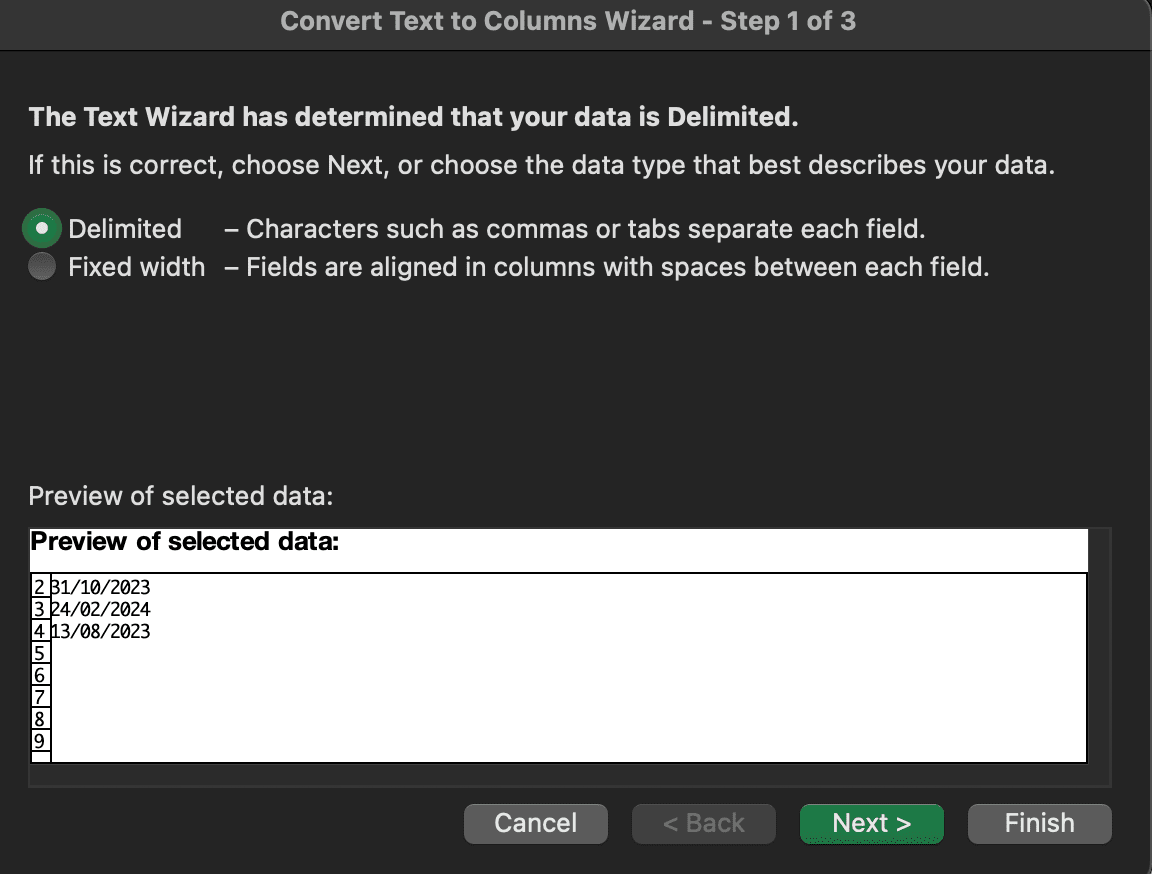 Convert Text to Columns Wizard Step 1 in Excel.