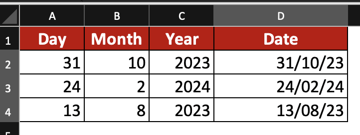 Each argument is in a different column: day, month and year.