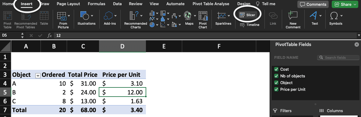 Insert and Slicer buttons in Excel.