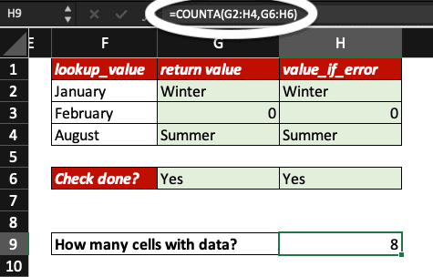 Excel screenshot highlighting the COUNT formula used to check how many cells have data in them.