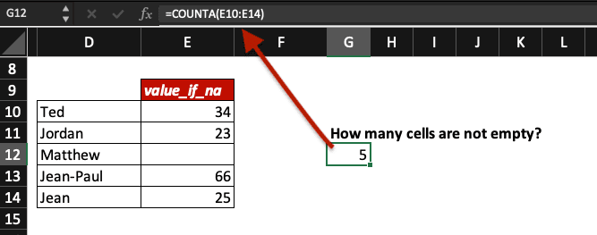 Excel count function to calculate how many cells are not empty in our spreadsheet.