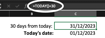 Excel screenshot with the formula =TODAY()+30. Today's date is 01/12/2023 and the result of the formula is 31/12/2023.