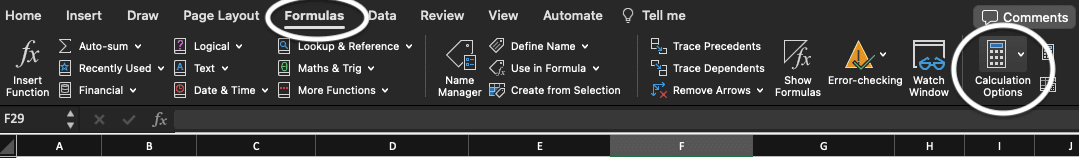 Formulas then Calculation options highlighted in Excel.