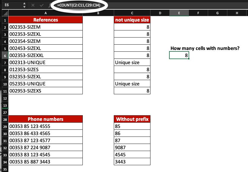 COUNT formula to calculate how many cells contain numbers in Excel.