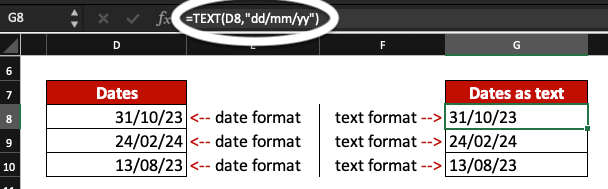 Dates are converted to text in the format DD/MM/YY in Excel.