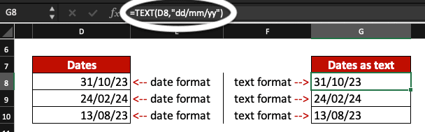 Excel dates to text example, TEXT function.